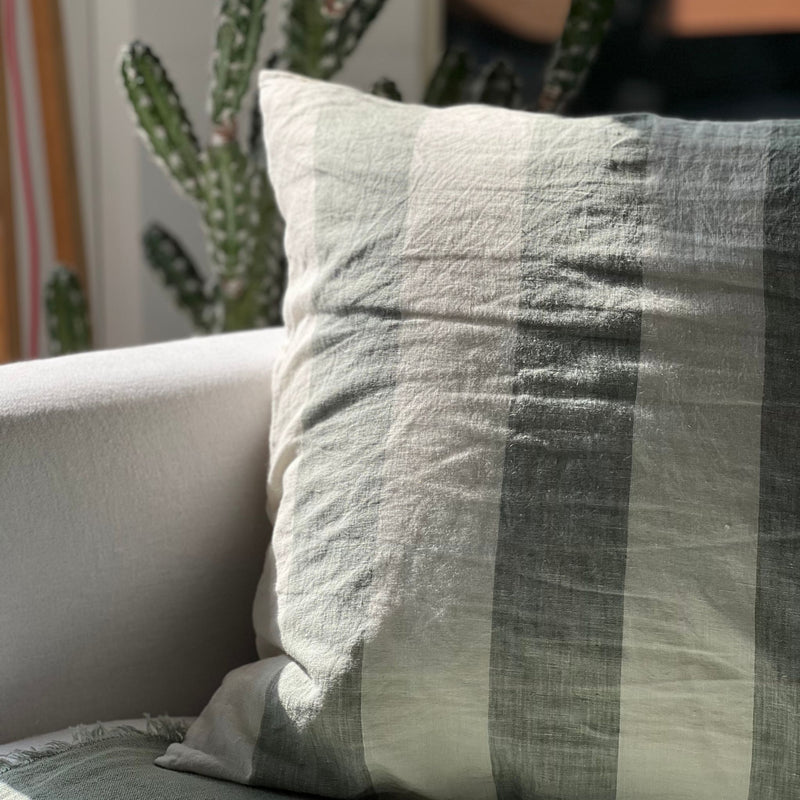 Linen Cushion Cover - Wide Celadon Stripes