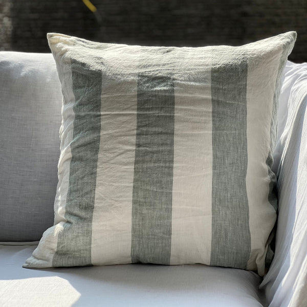 Linen Cushion Cover - Wide Celadon Stripes