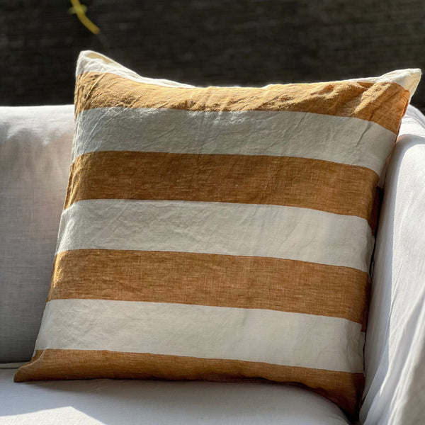 Linen Cushion Cover - Wide Mustard Stripes