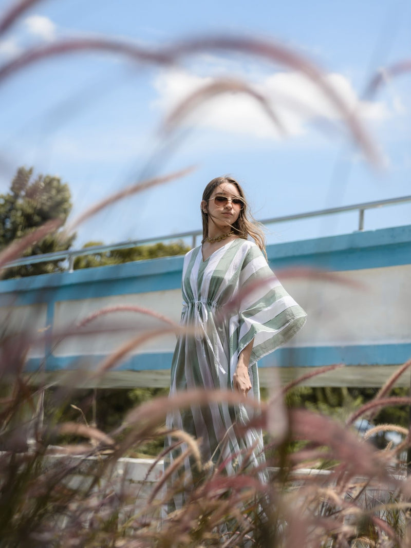 Striped Kaftan - Celadon/White