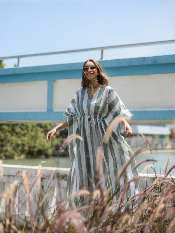 Striped Kaftan - Celadon/White