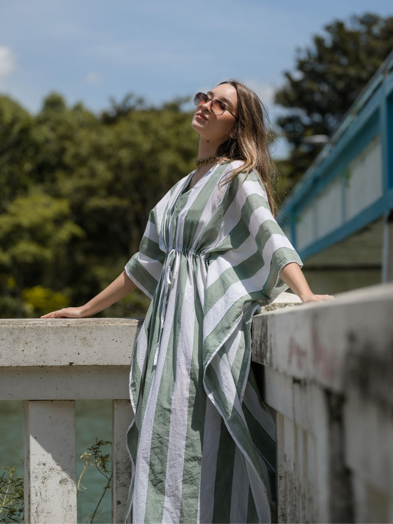 Striped Kaftan - Celadon/White