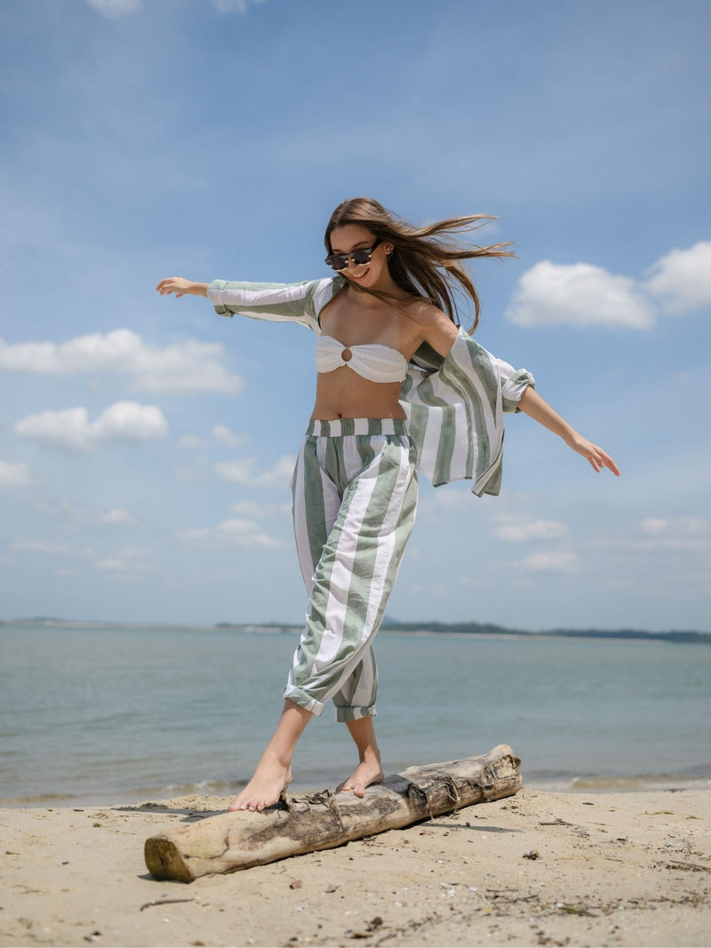 Striped Long Sleeve Shirt - Celadon/White